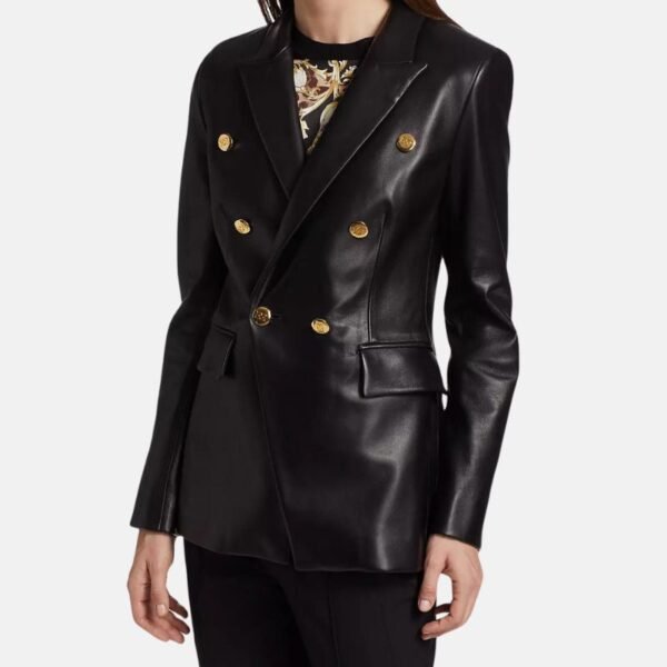 Double Breasted Black Leather Blazer Womens Kim - Image 3
