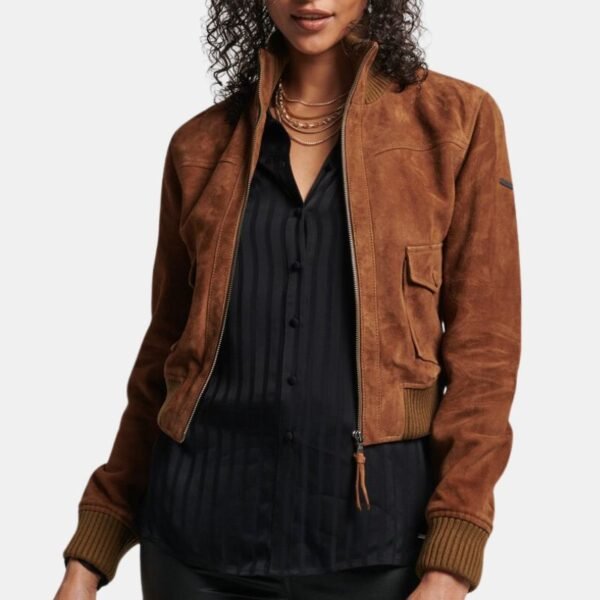 Brown Suede Classic Womens Bomber Jacket - Image 2