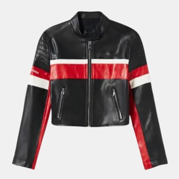 Red And Black Ladies Cropped Leather Jacket - Image 2