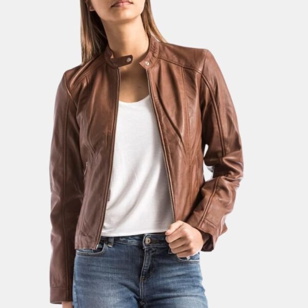 Casual Brown Slim Fit Women Leather Jacket - Image 2