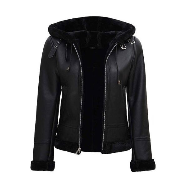 Black Bomber Women’s Jacket With Fur Hood - Image 3
