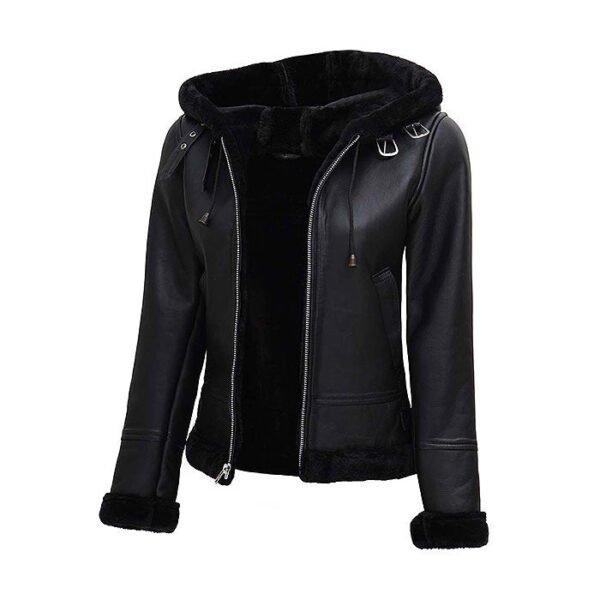 Black Bomber Women’s Jacket With Fur Hood - Image 4