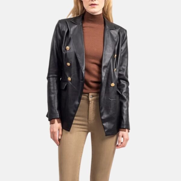 Double Breasted Women’s Black Leather Coat - Image 3