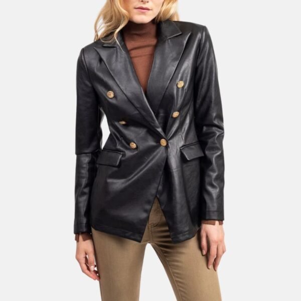 Double Breasted Women’s Black Leather Coat - Image 2
