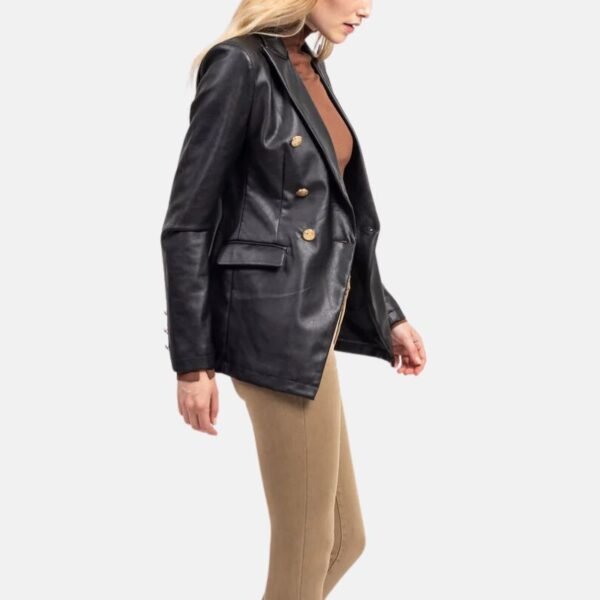 Double Breasted Women’s Black Leather Coat - Image 4