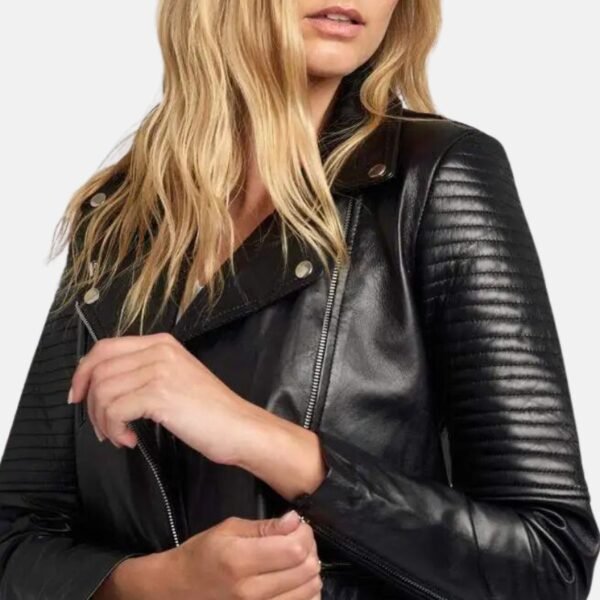 Black Quilted Leather Women Biker Jacket - Image 4