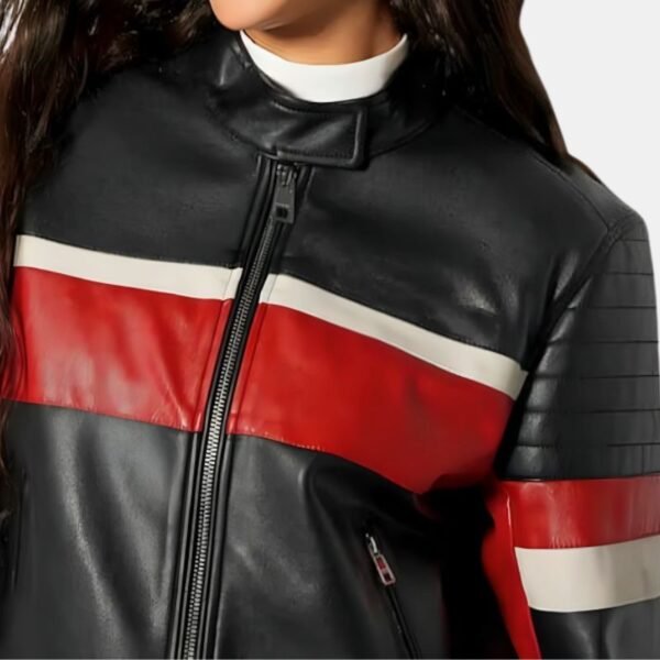 Red And Black Ladies Cropped Leather Jacket - Image 3